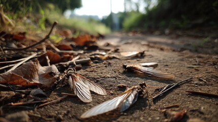 Fallen insect wings nature trail realistic photograph dry ground close-up natural beauty