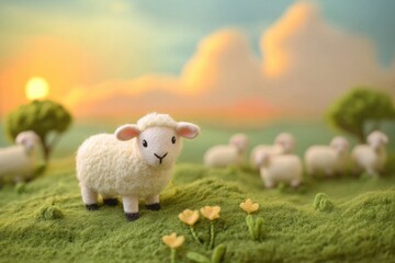 Obraz premium Adorable fluffy sheep in a sunny green pasture landscape sky toy lamb cute farm calm wool felt cute