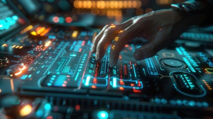 A hand interacting with a complex futuristic interface panel with glowing blue and orange elements