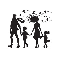 Family against the wind silhouette vector illustration
