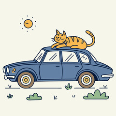 Playful Vector Illustration of a Stylized Ginger Cat Lounging on the Roof of a Classic Blue Sedan, Emitting a Relaxed and Contented Vibe, Ideal for Car Enthusiast Websites and Humorous Pet-Themed Desi