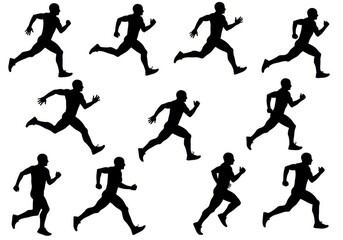 Many runners silhouette isolated on white background