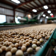 Fototapeta premium Soybeans moving along a conveyor belt in a processing plant with a shallow depth of field showing the machinery in the background in a warehouse setting