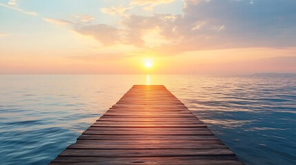 Naklejka premium Tranquil wooden pier extending into a serene sunset over the water.