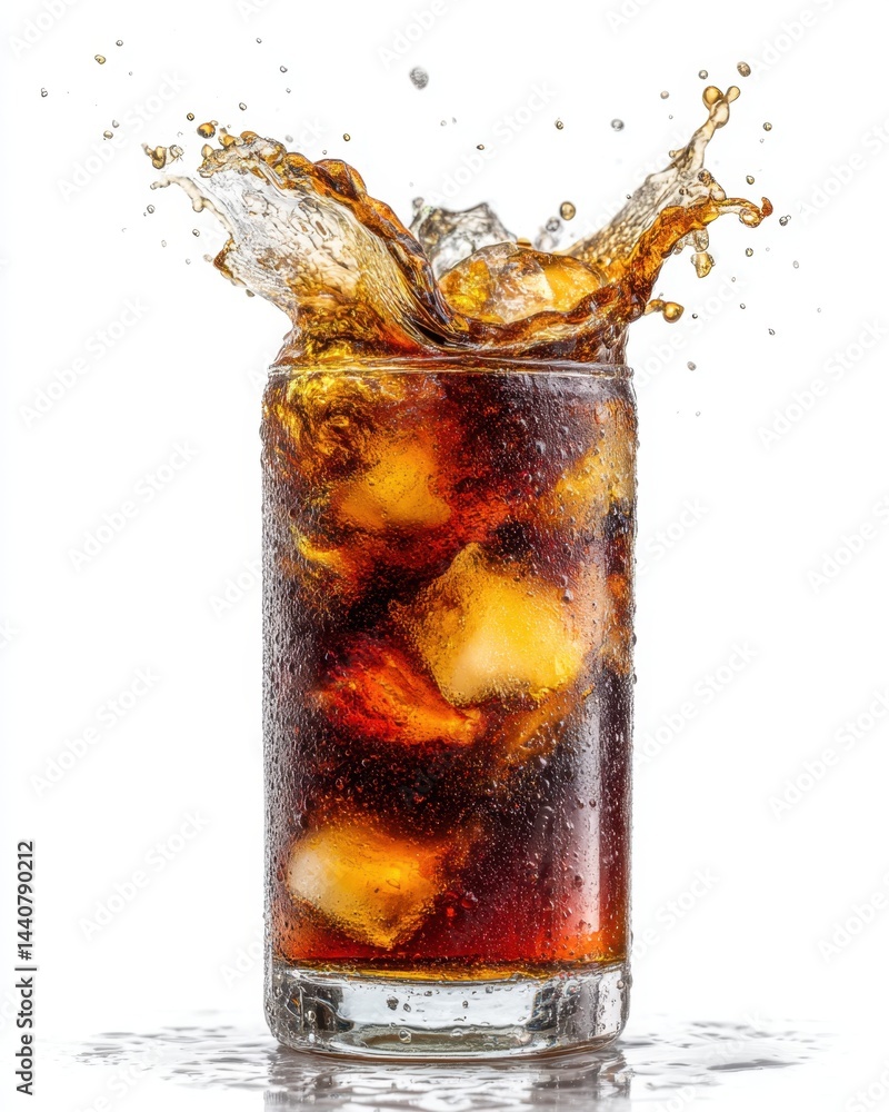 Poster refreshing cola splash with ice cubes in a glass on a white background capturing the dynamic movemen