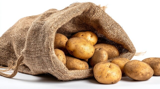 Fresh potatoes spilling from burlap sack on white background