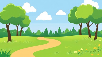 Obraz premium Cartoon park pathway under blue sky. Possible stock photo use