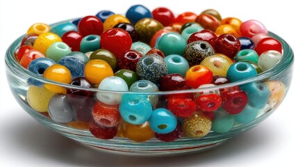 a collection of colorful beads in a small glass bowl on a white isolated background, playful and artistic design
