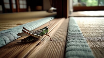 Grasshopper resting on tatami indoor setting realistic photograph natural environment close-up perspective insect observation