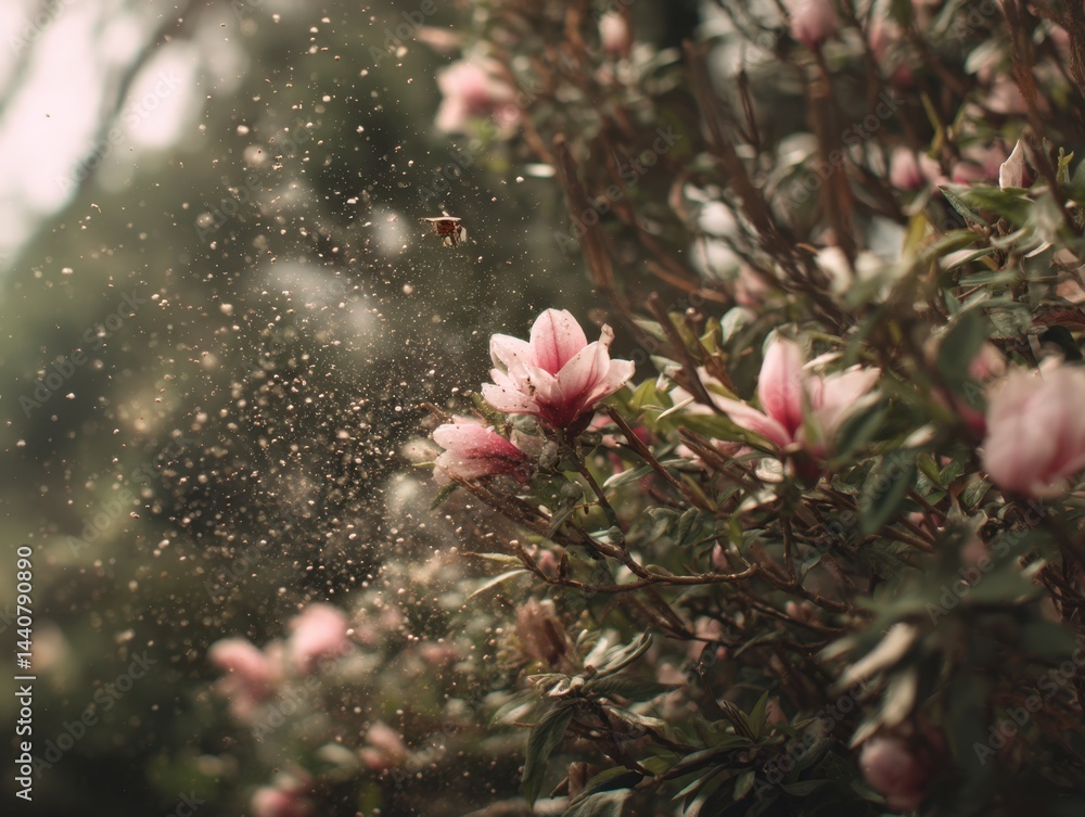 Poster captivating magnolia blossom in soft light with pollen dust creating a magical atmosphere in a lush 