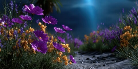 Vibrant flowers bloom along a winding path under a starry night sky near a tranquil landscape