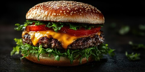 Juicy hamburger with melted cheese, fresh lettuce, and tomatoes on a sesame seed bun in an inviting setting