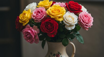 Colorful Roses Arranged in Vase Still Life Floral Display