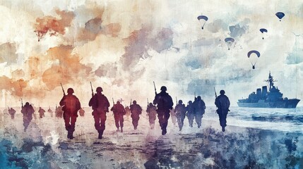 world war ii tribute, seamless watercolor background featuring symbolic soldier silhouettes landing on normandy beach, paratroopers in the sky, and naval ships on a cloudy horizon in neutral tones
