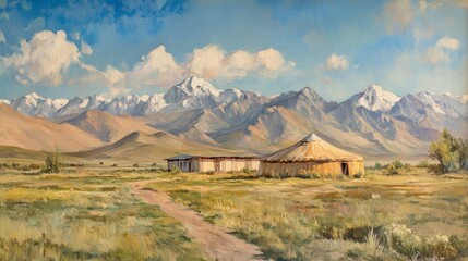 Mountain landscape with traditional yurt and snow-capped peaks