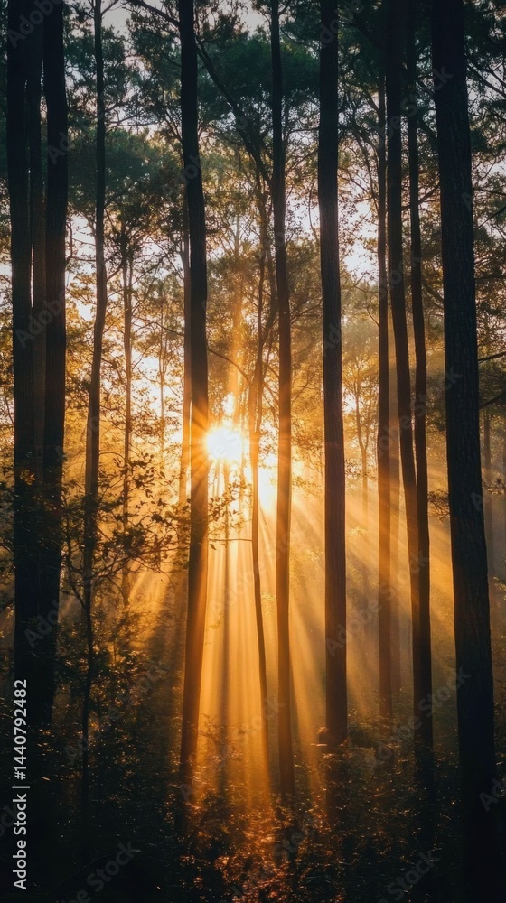 Poster enchanting forest scene capturing golden sunlight filtering through tall trees creating a serene and
