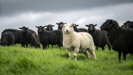Obraz premium White sheep stands among black sheep on green grass