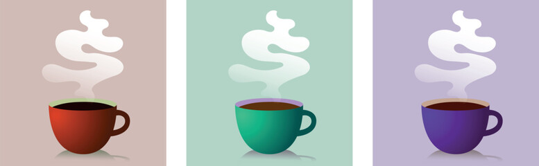 SET Coffee Cup with Smoke. Hand-Drawn Vector Set. Minimal Coffee Mug Background Templates for Invitations, Cards, Banners, Brochures, Posters, Covers, Cafe Menus, or Other Designs. EPS 10.