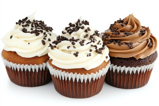 Three delicious cupcakes with creamy frosting and chocolate sprinkles on a white background perfect for dessert bakery and sweet treat themes in a bright and inviting style