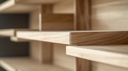 Close-Up of Wooden Shelves with Clean Lines and Minimalist Design