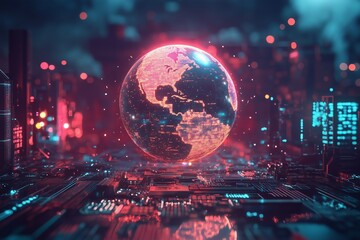Futuristic tech illustration with illuminated digital globe on technology background. Planet earth floating above circuit board. Digitalization, network, global connections concept