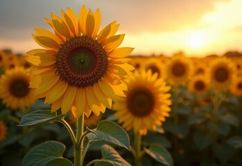 Obraz premium Serene Sunflower field with vegetable plants during shadow play
