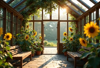 Fototapeta premium Rustic Conservatory with sunflowers during high-key