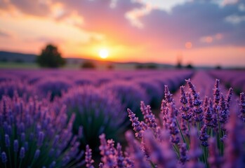 Obraz premium Blooming Lavender field with blooming roses during string lights