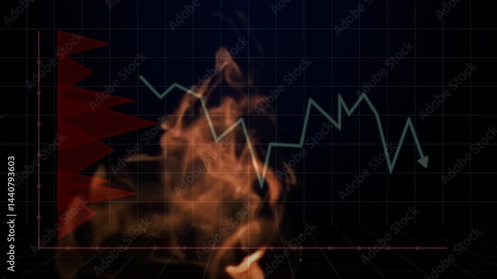 Aufkleber fluctuating line graph pulsing over bar chart, with orange flames rising behind 3d grid