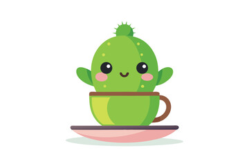 Obraz premium Cute Cactus Illustration in Cup and Saucer