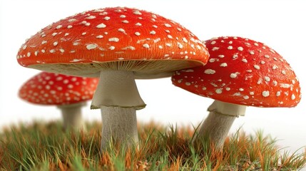 Obraz premium Enchanting fly agaric mushrooms in vibrant red and white dots amidst lush green grass against a bright background capturing nature's whimsical beauty and delicate charm