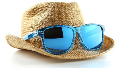 Light beige straw hat and blue sunglasses resting together.