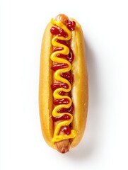 Appetizing hotdog with vibrant mustard and ketchup swirls on a fresh bun against a clean white backdrop creating a mouthwatering and classic fast food presentation