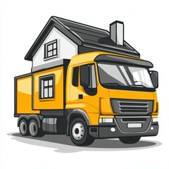 Creative truck design features a house mounted on top, combining transportation and living spaces in a playful manner