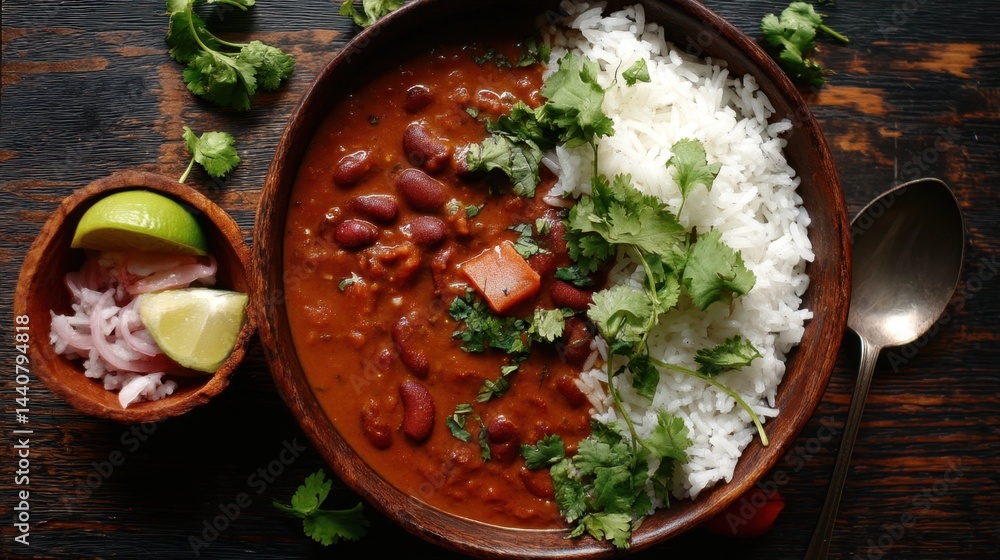 Poster delicious rajma chawal with lime and onion on a rustic wooden table showcasing vibrant colors and te