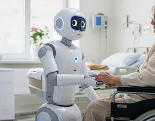 Advanced robot assisting elderly caucasian woman in wheelchair in hospital room. concept of modern technology, elder care, supportive robotics, medical AI, patient comfort
