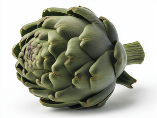 Fototapeta premium A single fresh organic artichoke captured from top view against a pure white background, showing intricate leaf details.