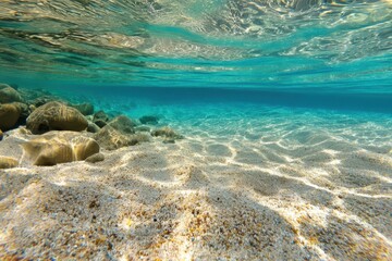 Obraz premium Serene underwater vista of turquoise sea with sunlit sandy seabed and smooth rocks creating a tranquil and inviting aquatic scene perfect for summer vacation themes