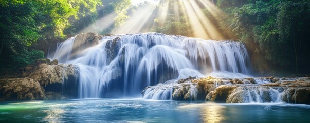 Serene waterfall cascading over rocks in lush jungle.
