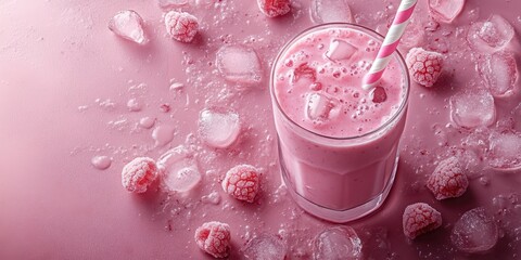 Refreshing raspberry smoothie with ice cubes and a striped straw on a pink surface