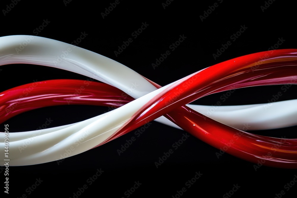 Poster abstract intertwined ribbons in red and white against a dark backdrop creating a dynamic flow and vi