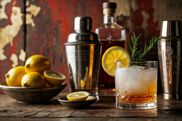 Whiskey sour cocktail garnished with lemon and rosemary prepared with bar tools
