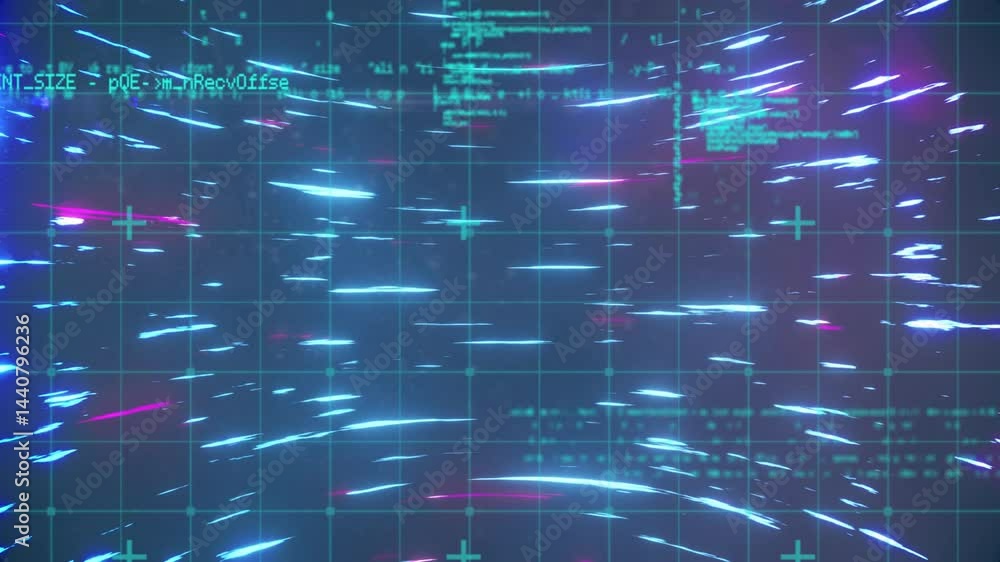 Poster neon digital grid being animated in cyber interface, showing pulsing nodes and floating code