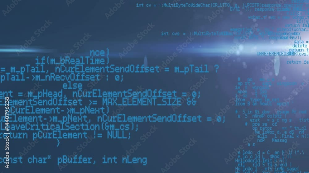 Poster bright cyan code snippets fluttering across blue screen, revealing lens-flare streak and bokeh dots
