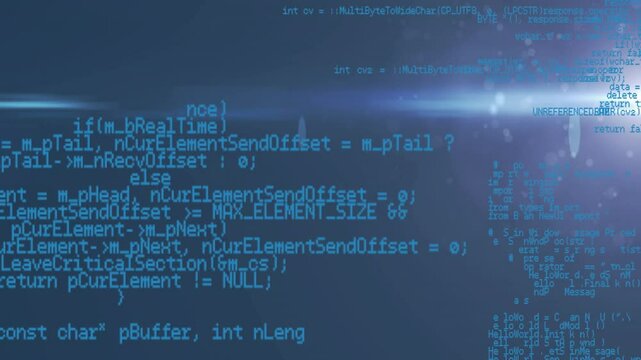 Bright cyan code snippets fluttering across blue screen, revealing lens-flare streak and bokeh dots