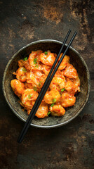 Fototapeta premium Traditional korean cuisine: a delicious serving of spicy kimchi in rustic bowl with chopsticks. concept of authentic korean food, culinary heritage, fermented delicacies. Vertical
