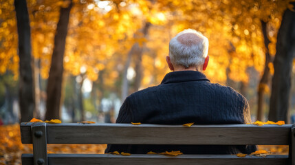 Elderly caucasian man sitting on a park bench, enjoying a serene autumn day surrounded by vibrant fall foliage. concept of tranquility, reflection, and nature's beauty in autumn.