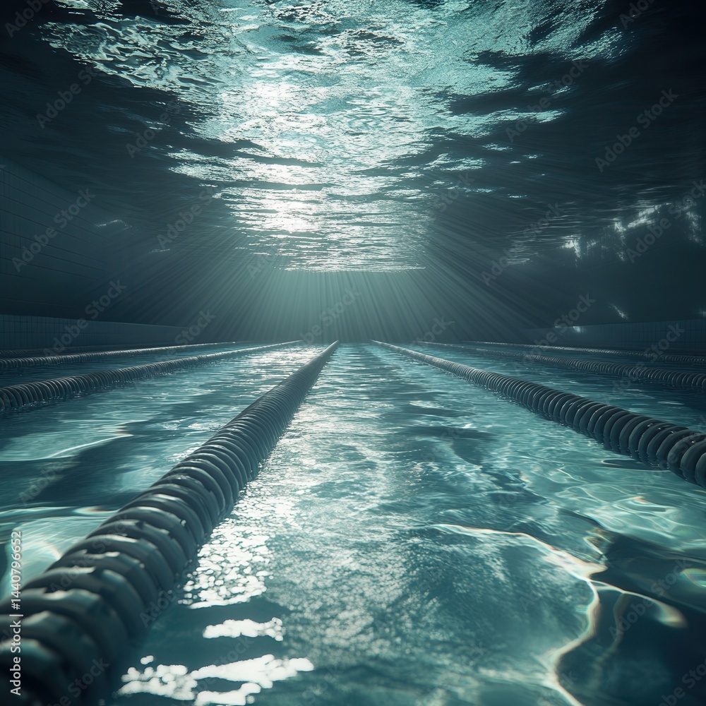 Poster serene underwater view of a swimming pool with sun rays penetrating the surface creating a tranquil 