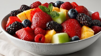 Obraz premium a vibrant and colorful fruit salad bowl with mixed berries, pineapple, and melon on a white isolated background, fresh and healthy design