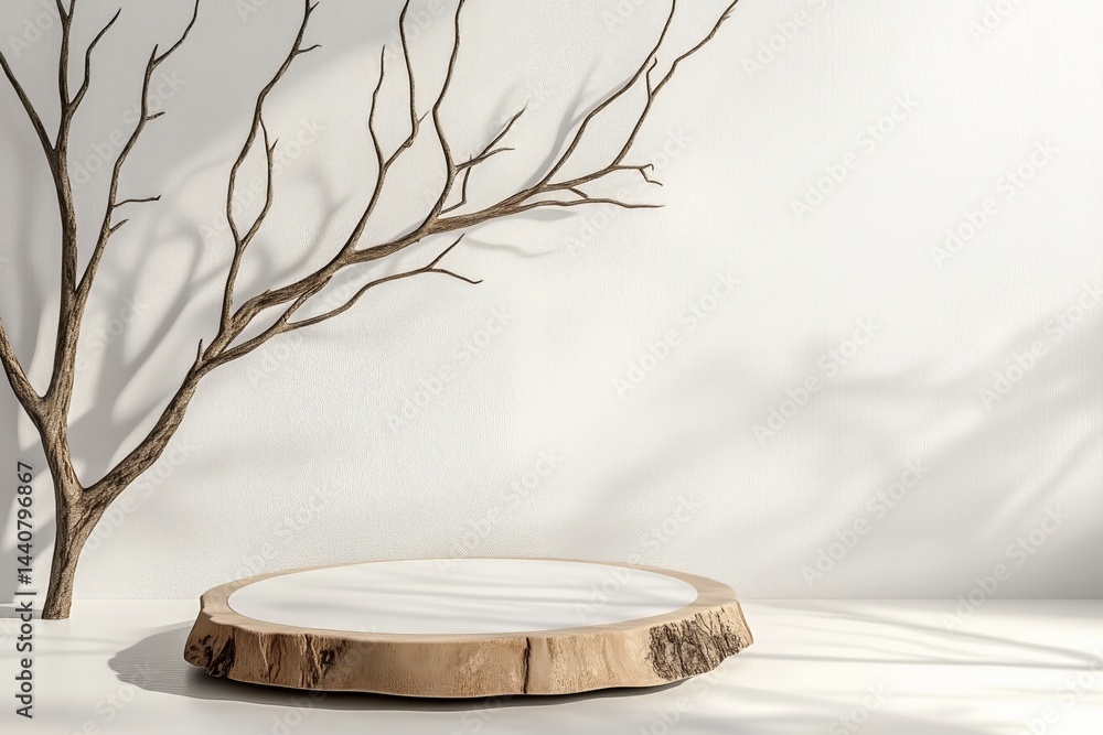 Fototapete Minimal mockup background for product presentation. Podium and dry tree twigs branch with white sand beach on white background. 3d rendering illustration. Clipping path of each element included